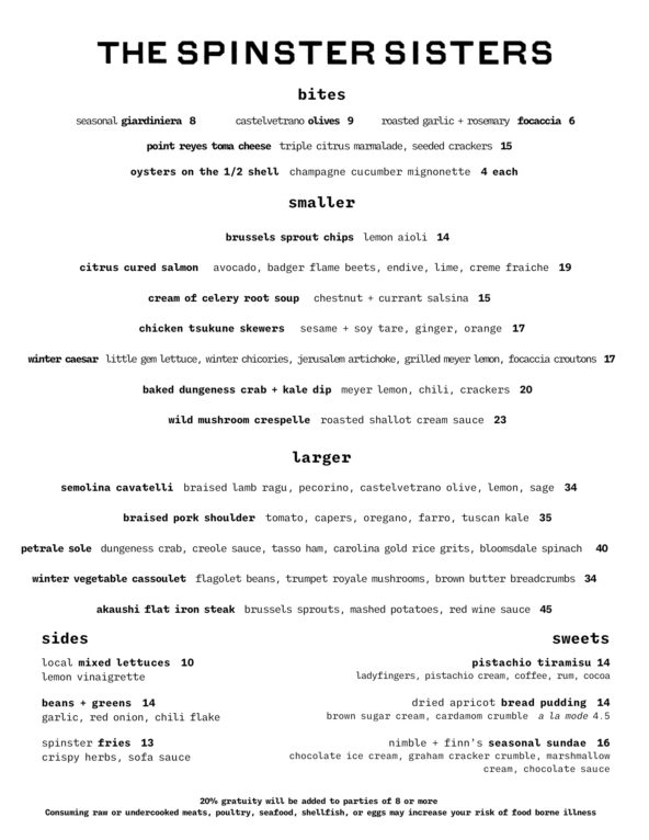 Menus The Spinster Sisters